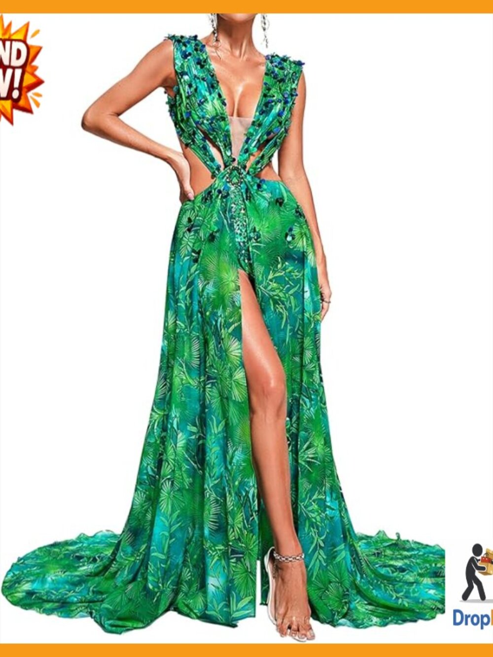 Squin Printed Floral Maxi Dress Backless Deep V Neck Chiffon Vacation Elegant